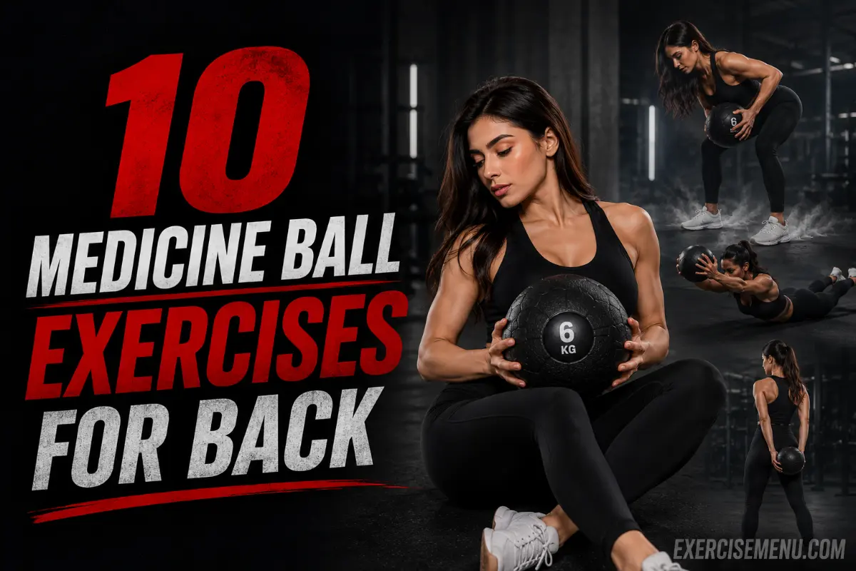 Featured fitness blog image showing an athletic woman performing a medicine ball bent-over row in a modern gym, with additional medicine ball back exercises including slam, superman hold, and deadlift to overhead press displayed in the background.