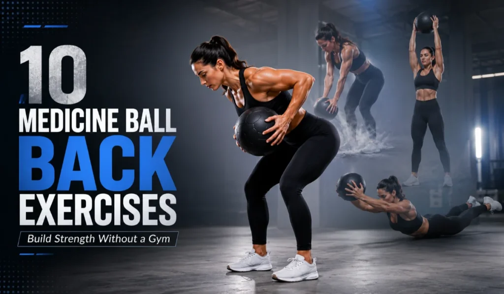 Featured fitness blog image showing an athletic woman performing a medicine ball bent-over row in a modern gym, with additional medicine ball back exercises including slam, superman hold, and deadlift to overhead press displayed in the background.