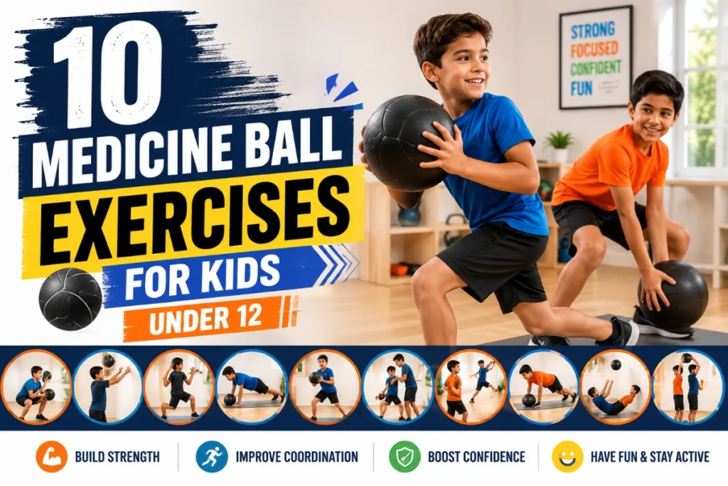 Featured image showing two active kids performing medicine ball exercises in a bright indoor workout space, with bold title text reading “10 Medicine Ball Exercises for Kids Under 12.” The design includes energetic fitness poses, colorful modern typography, and small circular previews of different medicine ball exercises along the bottom.