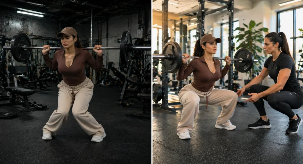 Split-screen fitness image showing a woman struggling with incorrect squat form alone in a dim gym on the left, contrasted with the same woman performing a correct squat with guidance from a female personal trainer in a bright modern gym on the right.