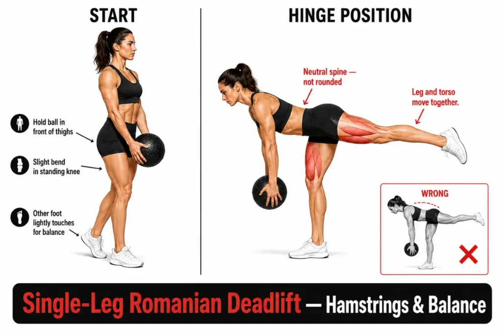 Woman demonstrating single-leg Romanian deadlift start and hinge positions with hamstring and balance form cues.