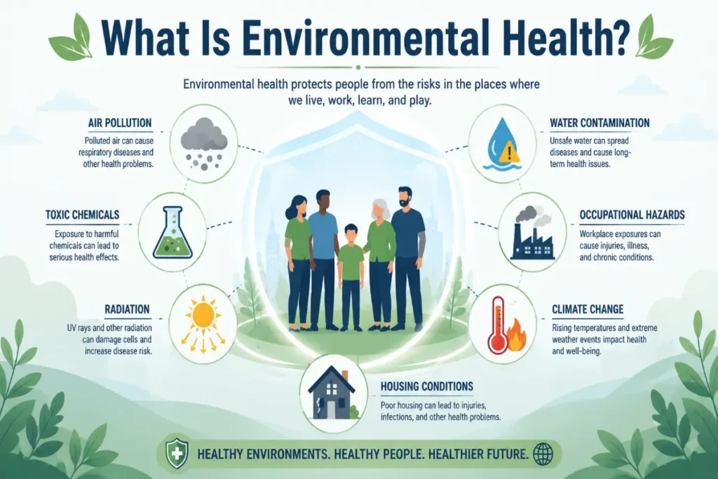 What Is Environmental Health? Definition, Types, and Why It Matters Infographic showing what environmental health is — key factors including air pollution, water contamination, chemical exposure, climate change, and workplace hazards surrounding a group of people