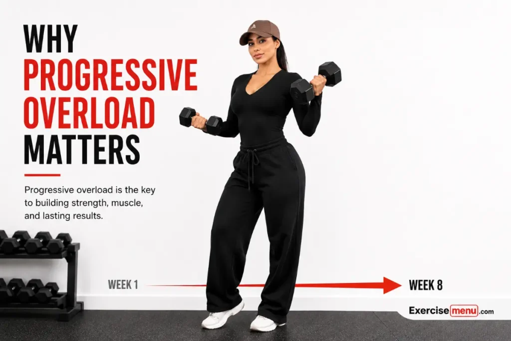 Featured fitness infographic showing a woman in black workout clothes holding dumbbells beside bold text “Why Progressive Overload Matters,” with a Week 1 to Week 8 progression arrow and ExerciseMenu.com branding.