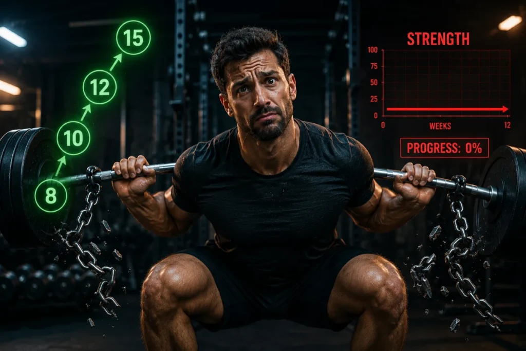 Frustrated muscular man squatting a heavy barbell in a dark gym with rising rep numbers and a flat strength progress graph showing no gains.