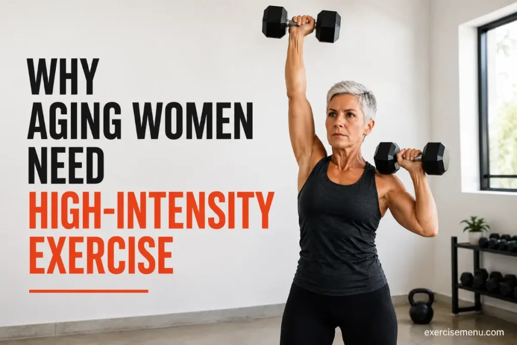 A fit woman in her 50s performing a dumbbell overhead press in a home gym setting — representing why aging women need high-intensity exercise.