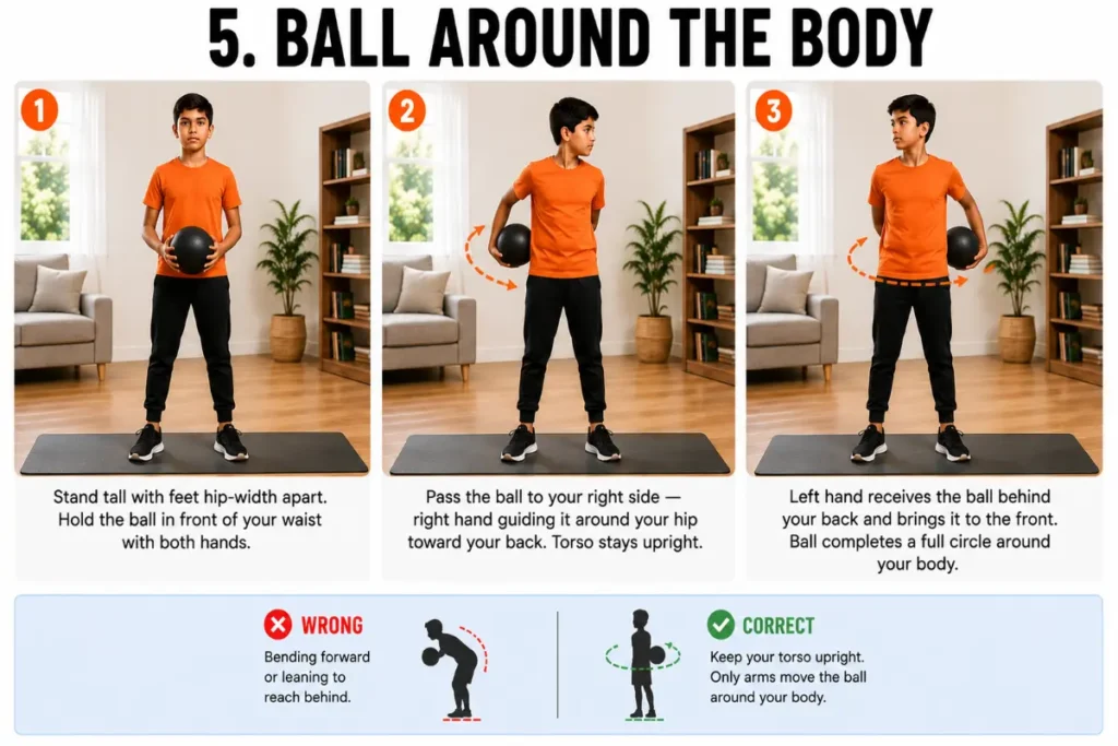 Instructional fitness infographic showing a boy performing the “Ball Around the Body” exercise in a home living room. Three large panels demonstrate holding a medicine ball in front of the waist, passing the ball around the right hip toward the back, and receiving the ball behind the back to complete a full circle around the body. Bottom light-blue strip compares incorrect form with bending forward versus correct form with an upright torso and controlled arm movement.
