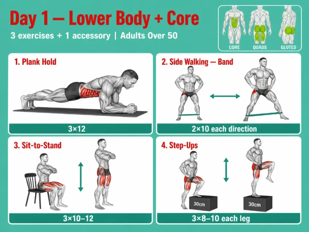 day1 lower body core over50 infographic