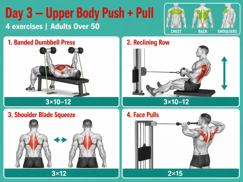 Infographic showing four upper body push and pull exercises with highlighted muscles for adults over 50