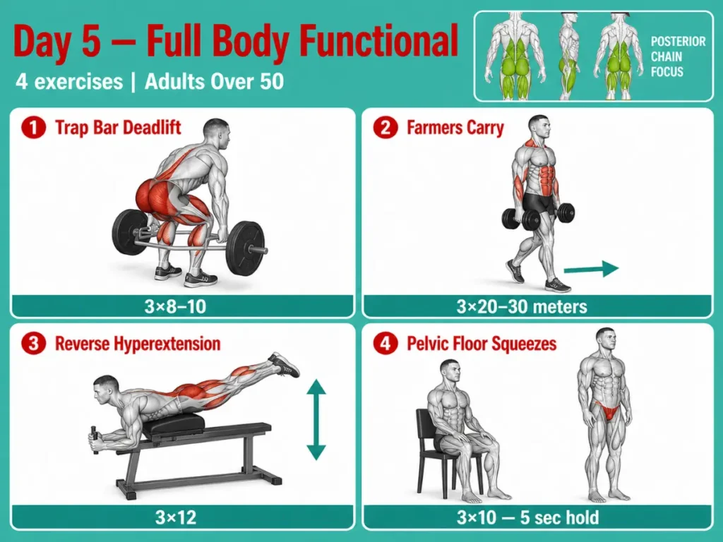Infographic showing four full-body functional exercises with highlighted muscles for adults over 50