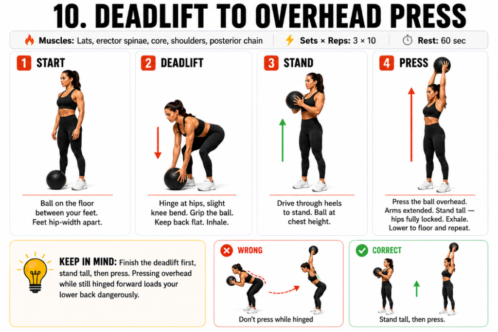 Four-panel instructional illustration showing a woman performing the deadlift to overhead press exercise with a medicine ball, including start, deadlift, stand, and overhead press positions with small correct and incorrect pressing posture examples on a clean white background.