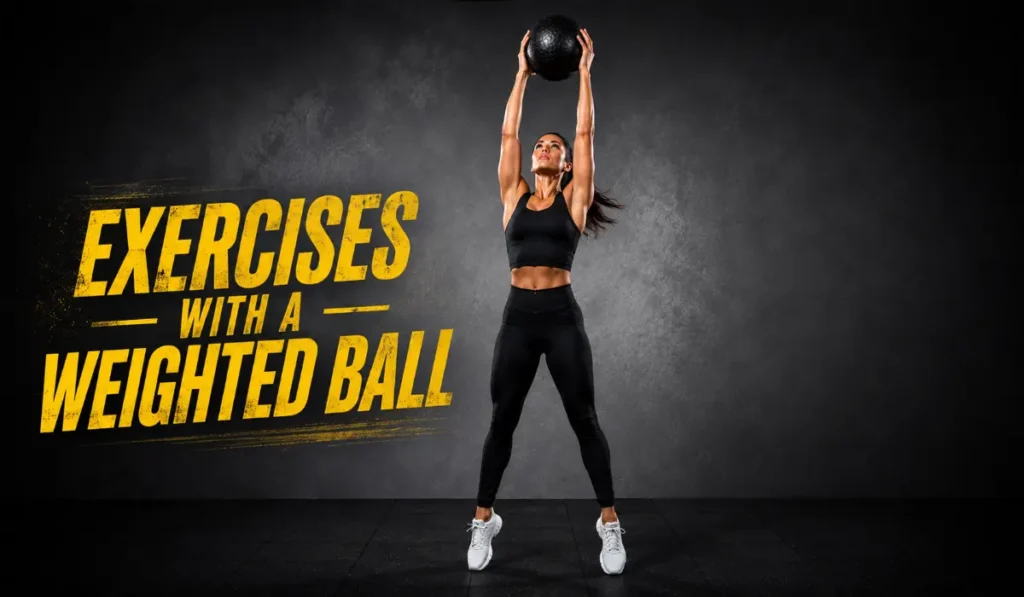 Athletic woman holding a medicine ball overhead in a powerful slam setup position in a dramatic studio gym setting.