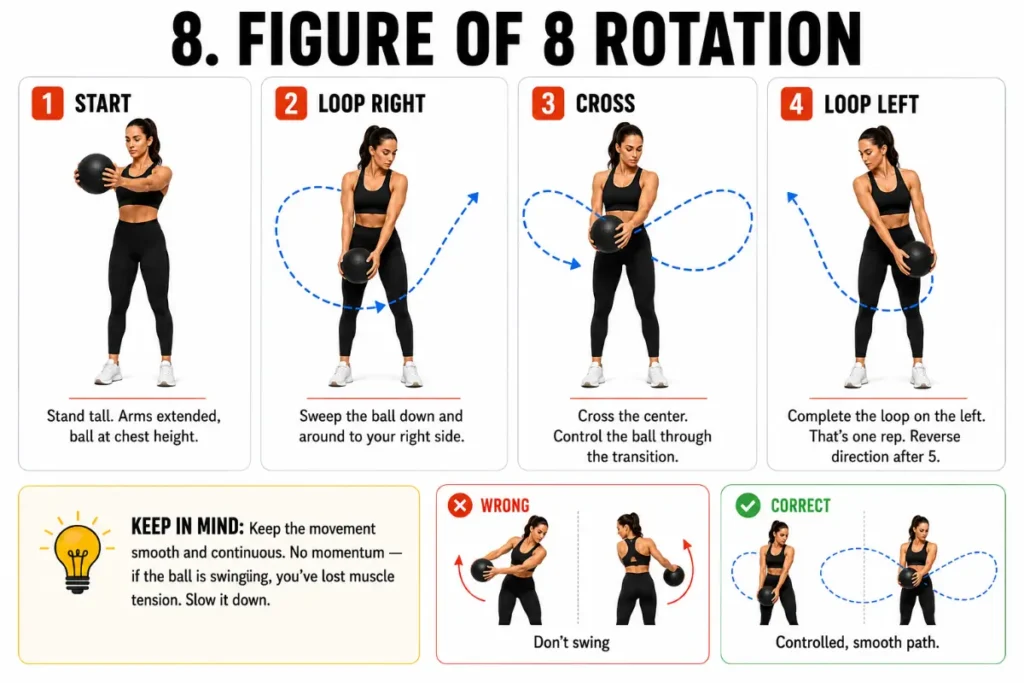 Four-panel instructional illustration showing a woman performing the figure of 8 rotation exercise with a medicine ball, including start, right loop, center cross, and left loop positions with small correct and incorrect movement examples on a clean white background.
