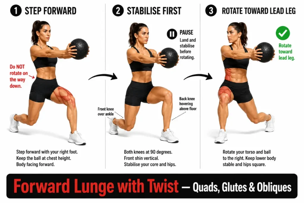 Woman demonstrating forward lunge with twist sequence: step forward, stabilise, and rotate toward lead leg with core activation cues.