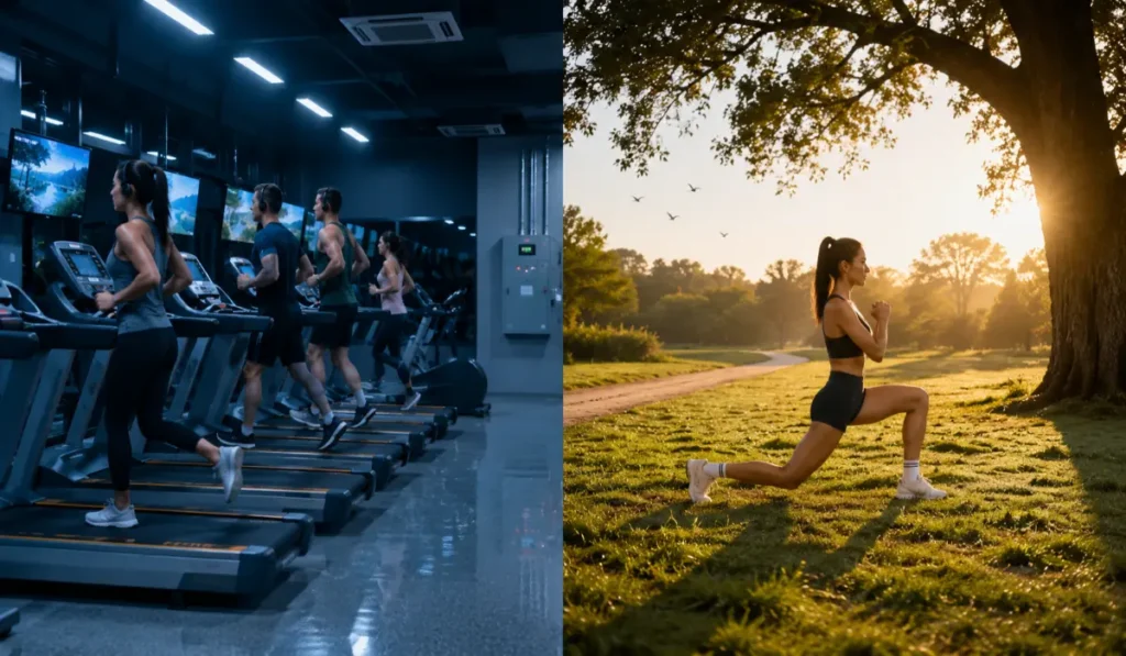 Split-screen editorial photograph contrasting indoor and outdoor exercise. Left side shows a cold blue-lit commercial gym at night with people running on treadmills under fluorescent lights and glowing screens. Right side shows a woman doing lunges on grass in a warm sunrise park beneath a large tree with long shadows and a natural wooded trail in the background.