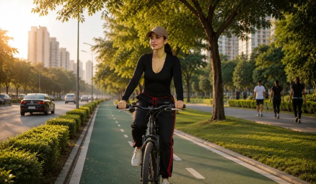 How Exercise Can Positively Affect Your Environmental Health Young woman cycling through a green urban bike lane during golden hour, representing how exercise can positively affect environmental health through sustainable and active transportation.