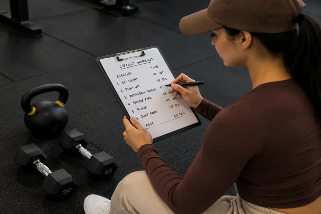 Person writing a circuit training workout plan on a clipboard in the gym