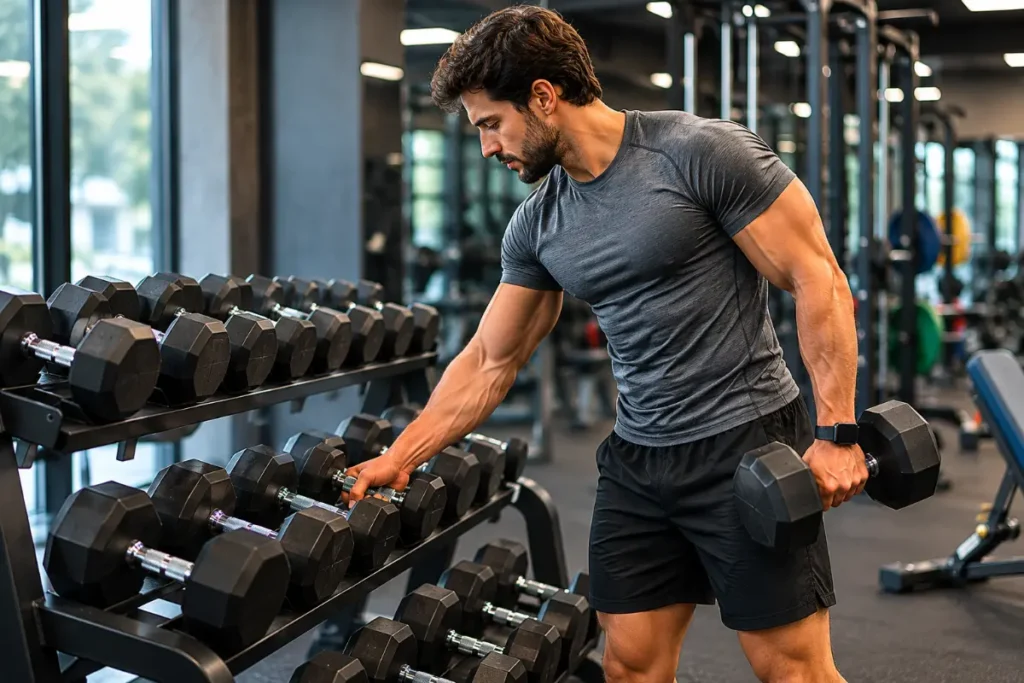 A gym athlete standing next to a dumbbell rack preparing to select the right starting weight for a drop set workout
