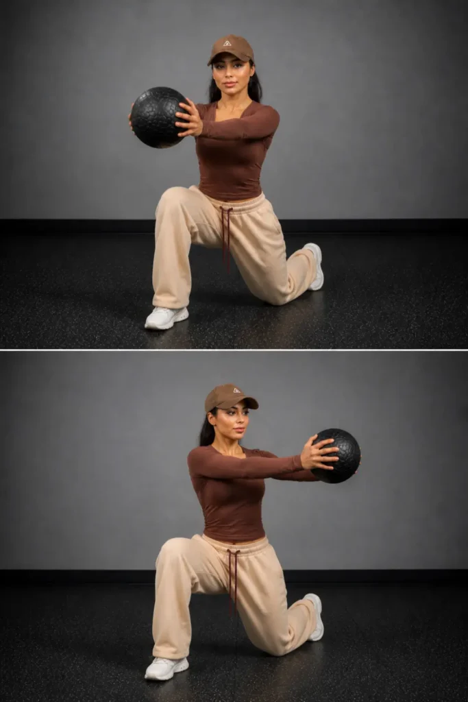 Two-panel image showing a woman performing a forward lunge with a medicine ball and rotating her torso to the side.