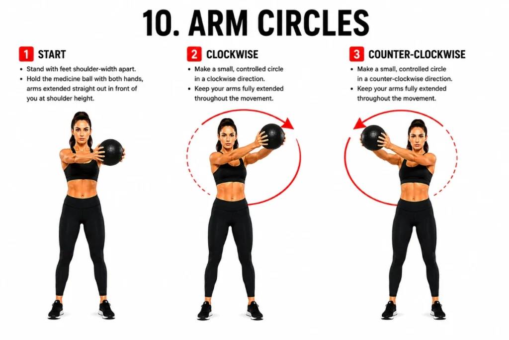 Woman demonstrating medicine ball arm circles exercise with start, clockwise, and counter-clockwise positions in a step-by-step fitness instructional illustration.