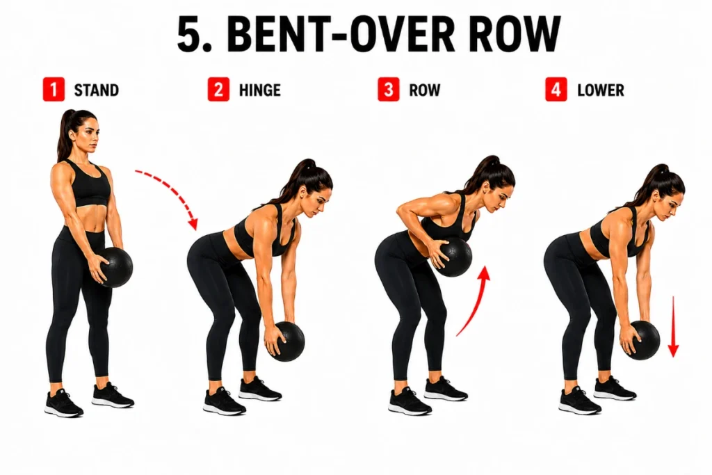 Woman demonstrating medicine ball bent-over row exercise with stand, hinge, row, and lower positions in a step-by-step fitness instructional illustration.