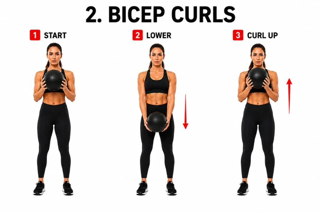 Fit woman demonstrating medicine ball bicep curls with start, lower, and curl up positions in a clean step-by-step fitness instructional illustration.