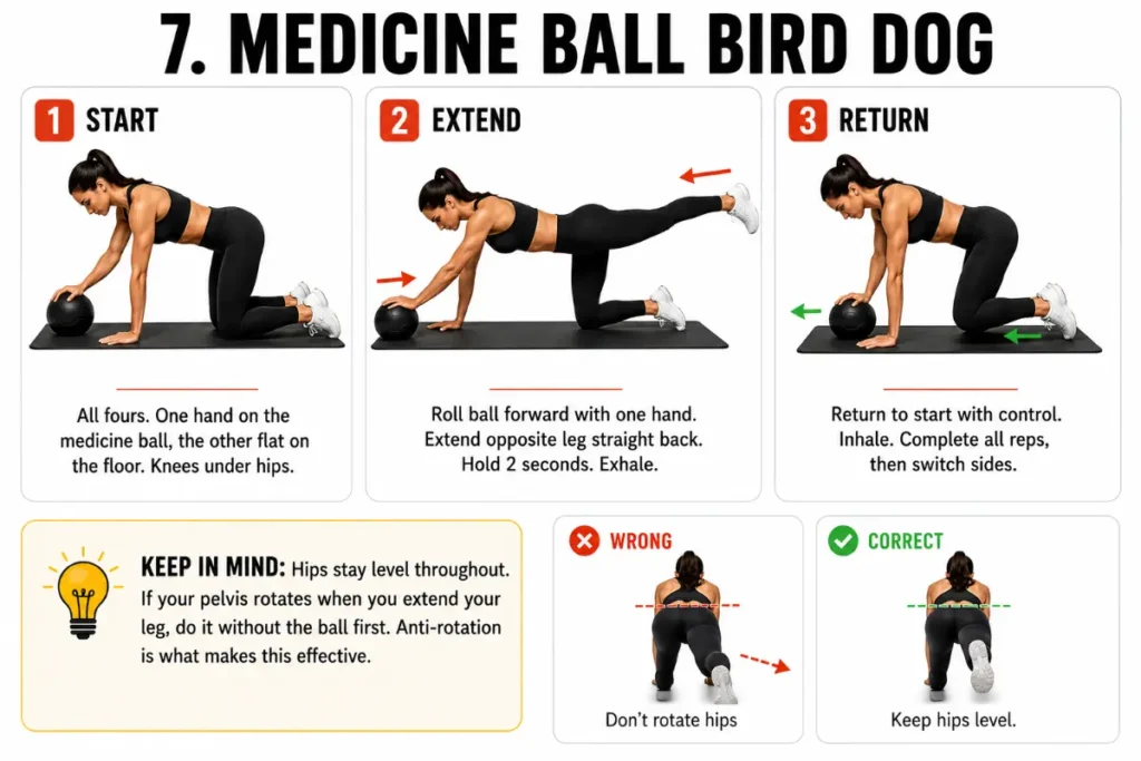 Three-panel instructional illustration showing a woman performing the medicine ball bird dog exercise with start, extend, and return positions, including small correct and incorrect hip alignment examples on a clean white background.