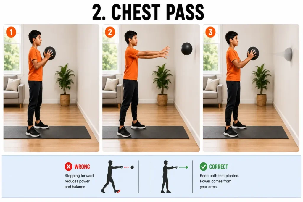 Instructional fitness infographic showing a boy performing a medicine ball chest pass against a wall in a home workout setting. Three large panels show holding the ball at chest height, pushing the ball forward toward the wall, and catching the rebound. Bottom light-blue strip compares incorrect form with stepping forward versus correct form with both feet planted.