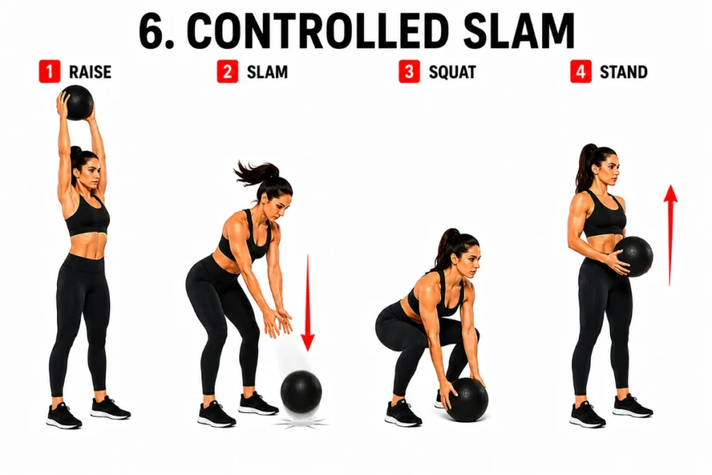 Woman demonstrating medicine ball controlled slam exercise with raise, slam, squat, and stand positions in a step-by-step fitness instructional illustration.