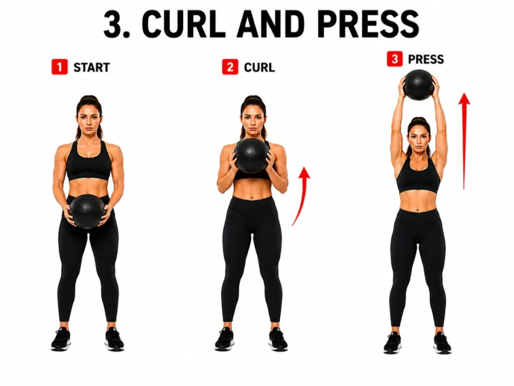 Woman demonstrating medicine ball curl and press exercise with start, curl, and overhead press positions in a clean step-by-step fitness instructional illustration.