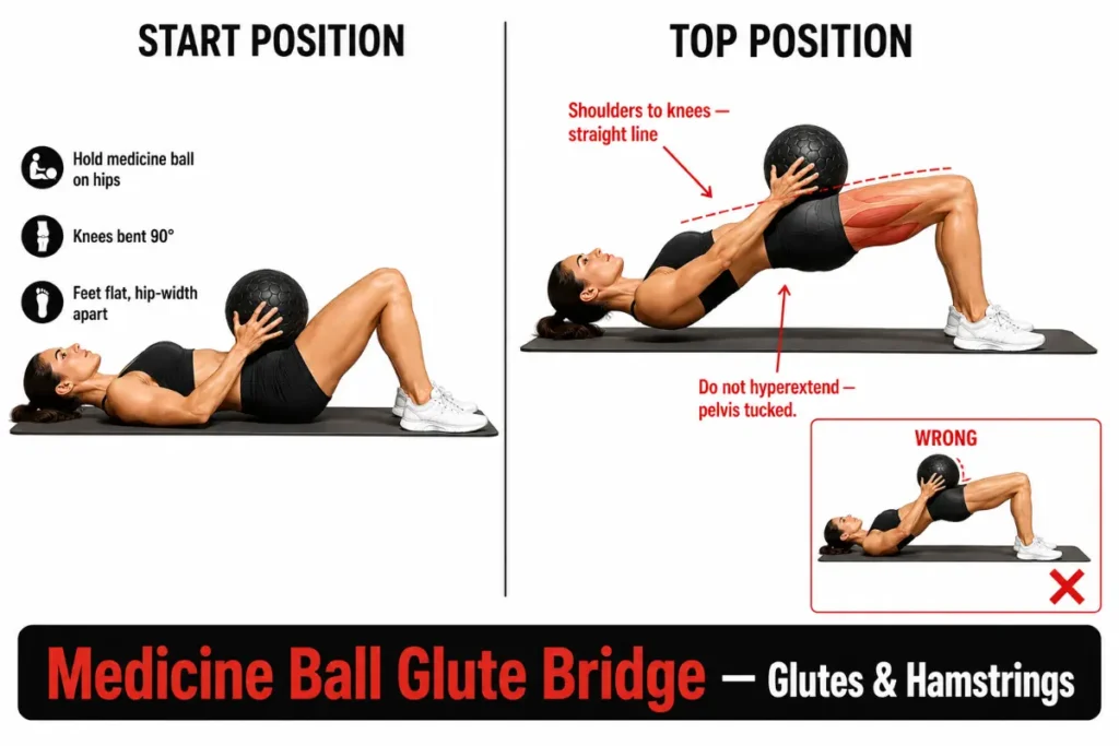 Woman demonstrating medicine ball glute bridge start and top positions with glute and hamstring activation cues.