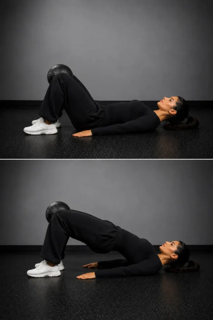 Two-panel image showing a woman performing a glute bridge with a medicine ball squeezed between the knees.