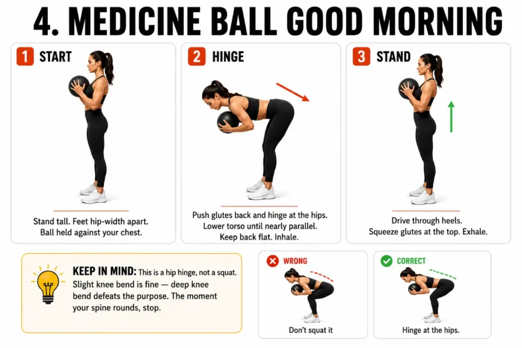 Three-panel instructional illustration showing a woman performing the medicine ball good morning exercise with start, hinge, and stand positions, including small correct and incorrect hip hinge posture examples on a clean white background.