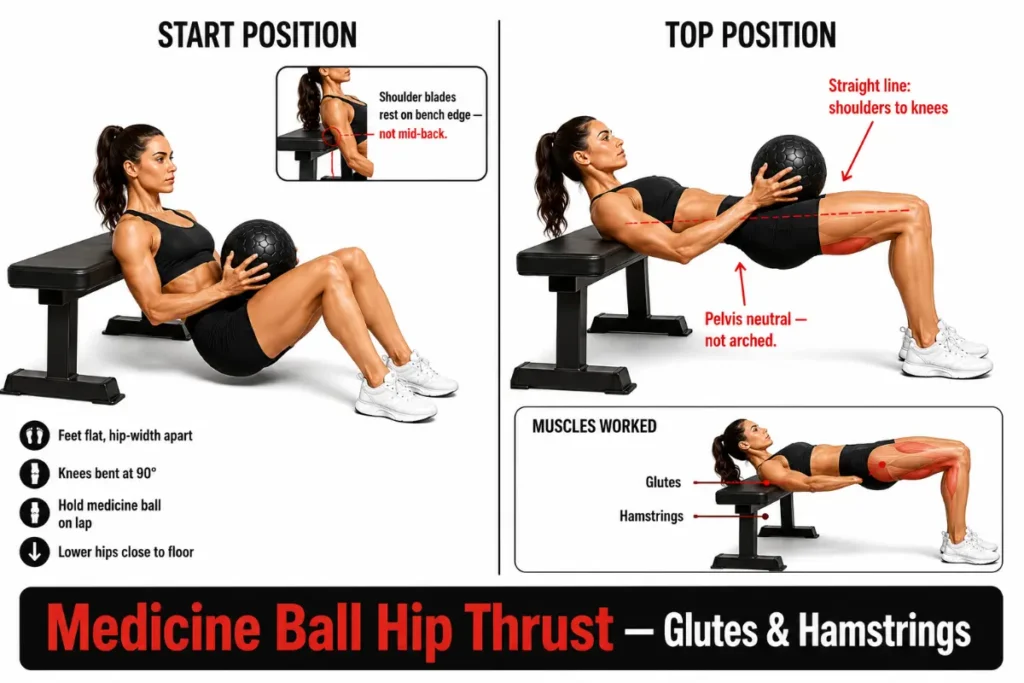 Woman demonstrating medicine ball hip thrust start and top positions with glute and hamstring activation cues.