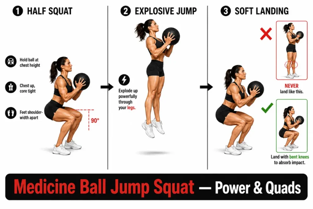 Woman demonstrating medicine ball jump squat phases: half squat, explosive jump, and soft landing with safe landing cues.