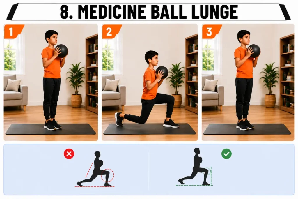 Instructional fitness infographic showing a boy performing a medicine ball lunge exercise in a home living room. Three large panels demonstrate standing with feet together holding a medicine ball at chest height, stepping forward into a deep lunge with the front shin vertical, and pushing back to the starting position. Bottom light-blue strip compares incorrect lunge form with the front knee moving past the toes versus correct form with the knee aligned above the ankle and shin vertical.