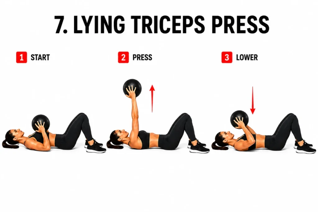 Woman demonstrating medicine ball lying triceps press exercise with start, press, and lower positions in a step-by-step fitness instructional illustration.