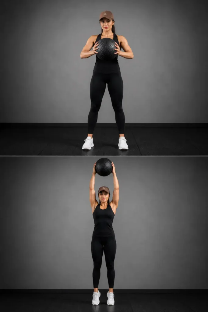 Two-panel image showing a woman lifting a medicine ball from chest to overhead position.
