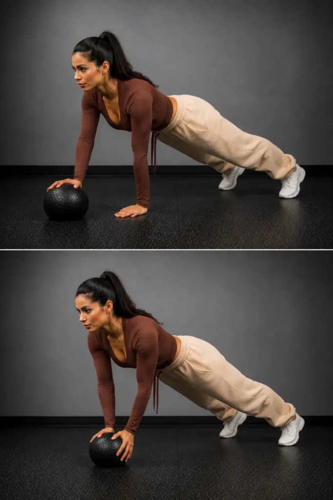 Two-panel image showing a woman performing a plank while rolling a medicine ball from one hand to the other.
