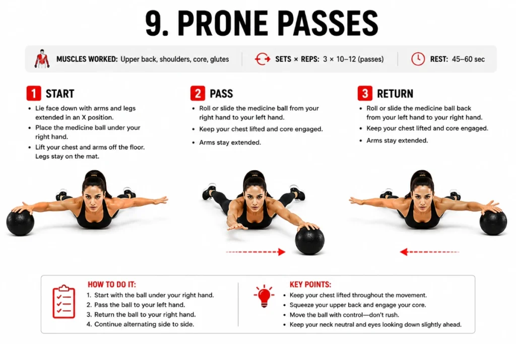 Woman demonstrating medicine ball prone passes exercise with start, pass, and return positions while lying face down in a step-by-step fitness instructional illustration.