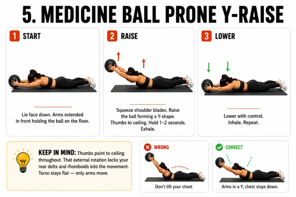 Three-panel instructional illustration showing a woman performing the medicine ball prone Y-raise exercise with start, raise, and lower positions, including small correct and incorrect posture examples on a clean white background.