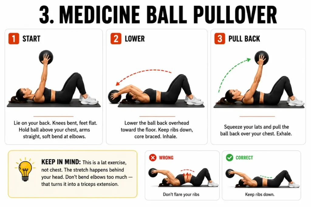Three-panel instructional illustration showing a woman performing the medicine ball pullover exercise with start, lower overhead, and pull back positions, including small correct and incorrect rib positioning examples on a clean white background.