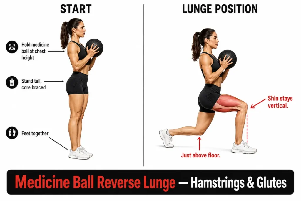 Female demonstrating medicine ball reverse lunge start and lunge positions with hamstring and glute activation cues.
