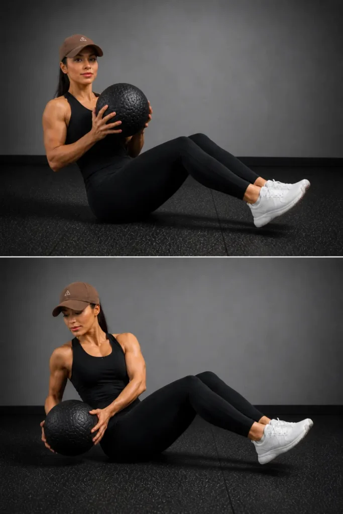 Two-panel image showing a woman performing a medicine ball Russian twist from center to side rotation.