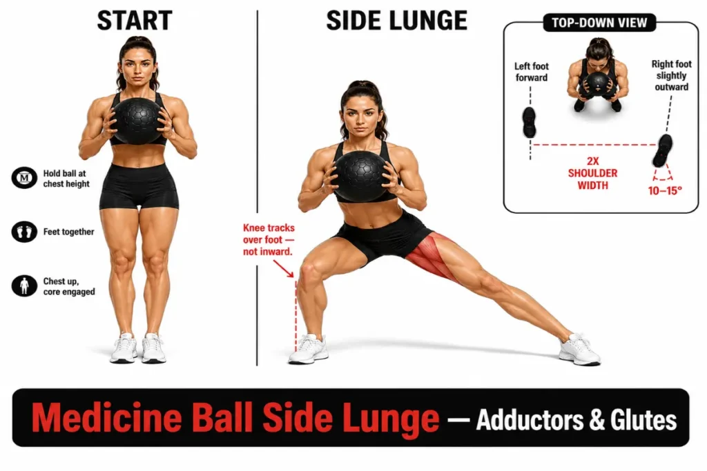 Woman demonstrating medicine ball side lunge start and side lunge positions with adductor and glute activation cues.