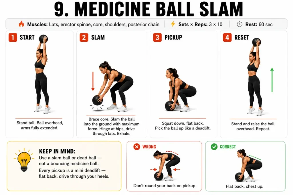 Four-panel instructional illustration showing a woman performing the medicine ball slam exercise with start, slam, pickup, and reset positions, including small correct and incorrect pickup posture examples on a clean white background.