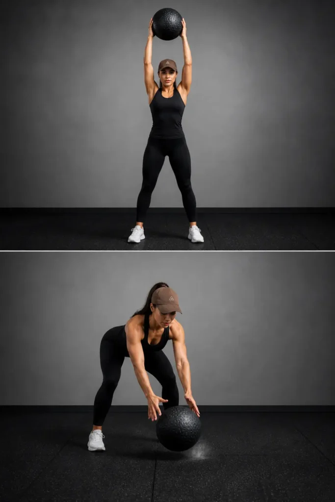 Two-panel image showing a woman performing a medicine ball slam from overhead to explosive downward motion.