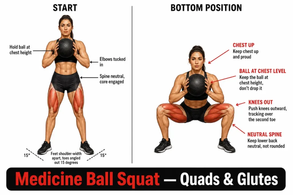 Woman demonstrating medicine ball squat start and bottom positions with form cues.
