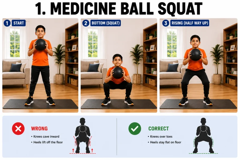 Step-by-step fitness infographic showing a boy performing a medicine ball squat in a home living room. Three large panels demonstrate standing with the ball at chest height, lowering into a squat, and returning to standing. Bottom light-blue strip compares incorrect squat form with knees collapsing inward versus correct form with knees aligned over toes and heels flat.