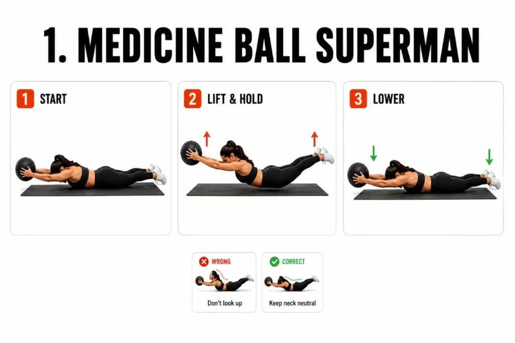 Three-panel step-by-step instructional illustration showing a woman performing the Medicine Ball Superman exercise with start, lift and hold, and lower positions, plus small centered correct and incorrect neck posture examples on a clean white background.