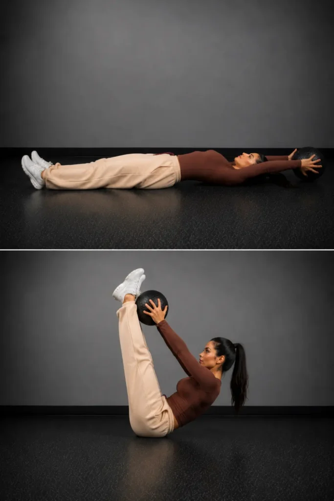 Two-panel image showing a woman performing a medicine ball V-up from lying flat to full core contraction position.